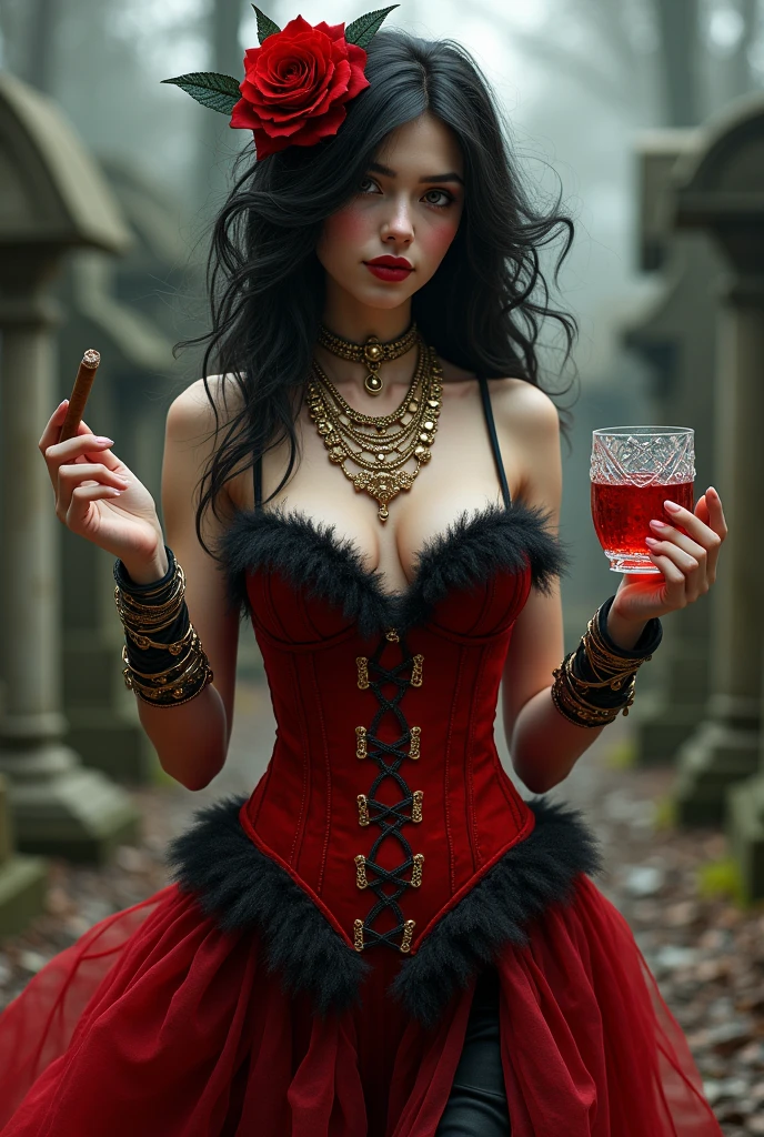 A gypsy dove in the cemetery, smiling with red lipstick, wearing a red corset with black details, with a long, flared red skirt with black details, the big and full wavy hair, with a red rose with black in the hair on the left side, holding a crystal glass and a cigarillo, with golden gypsy necklaces and bracelets