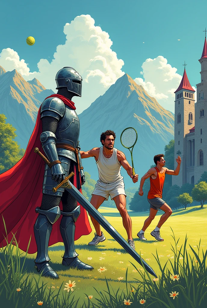 Create a comic with the characters of a medieval knight,a male tennis player and a male javelin player