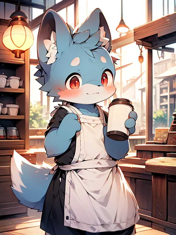 (light blue fur, detailed skin, Red eyes, by white), Beautiful, Session, masterpiece, High resolution, 8k, detailed background, high quality, Chico, male, (by dagasi: 1.1), Alone, apron, coffee shop, smile
