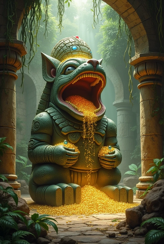 A pre-Hispanic idol sitting with its mouth open and filled with gold and gems, between the jungle and ancient ruins, that looks like a painting from magic the gathering