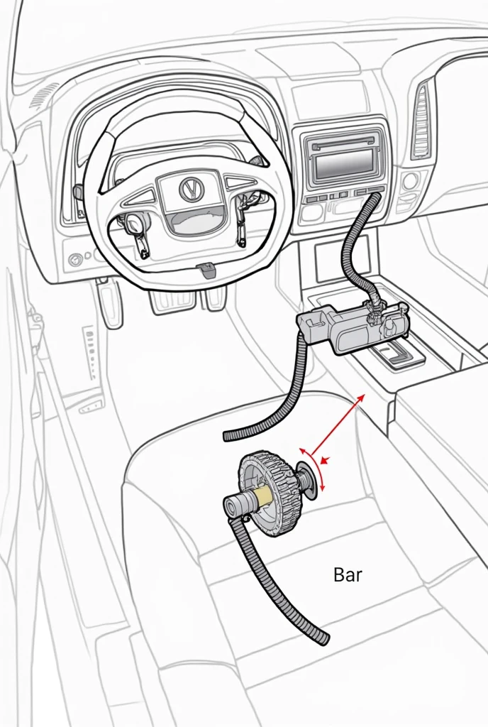 An image of the steering system with the parts marked with the following names,
steering wheel, steering axle, steering box, kneecaps, bars and hoses