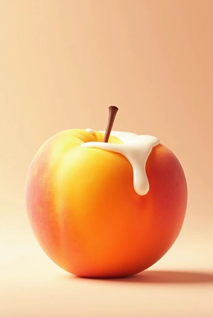A beautiful large juicy whole peach without cuts with a single line, with drops of white milk dripping, Seen with his front line.
