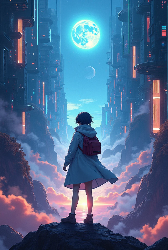 A high end graphic containing science, tech, lifestyle, motivation, self development icons and anime characters for YouTube cover photo 8k