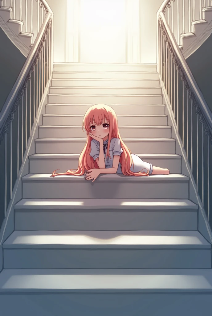 An anime style girl lying on the stairs facing forward 