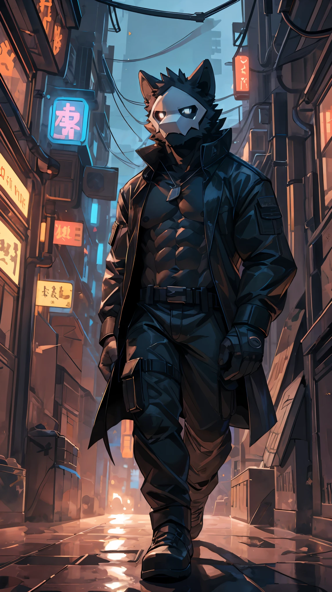 adult content, low-key light, cyberpunk, extremely_detailed, drawing of a puro (changed), (extremely detailed:1.uro, mask, puro_(changed)), black_cargo pants, bara, black_body, very long legs, long arms, very tall, muscular_body, 6 pack abs, male nipples, exposed_chest, tactical_gloves, black_cloak, black_fedora, large chest, exposed upper body, shirtless, dogtags, bandages, seductive_pose, hands_inside_pocket, serious_face, wide_open_legs, dark and gloomy atmosphere, dramatic light, camera angled lower, time, neon lights, alleyway, neon lights, midjourney, C7b3rp0nkStyle, VPL, Male focus, yofukashi background., Best quality, masterpiece