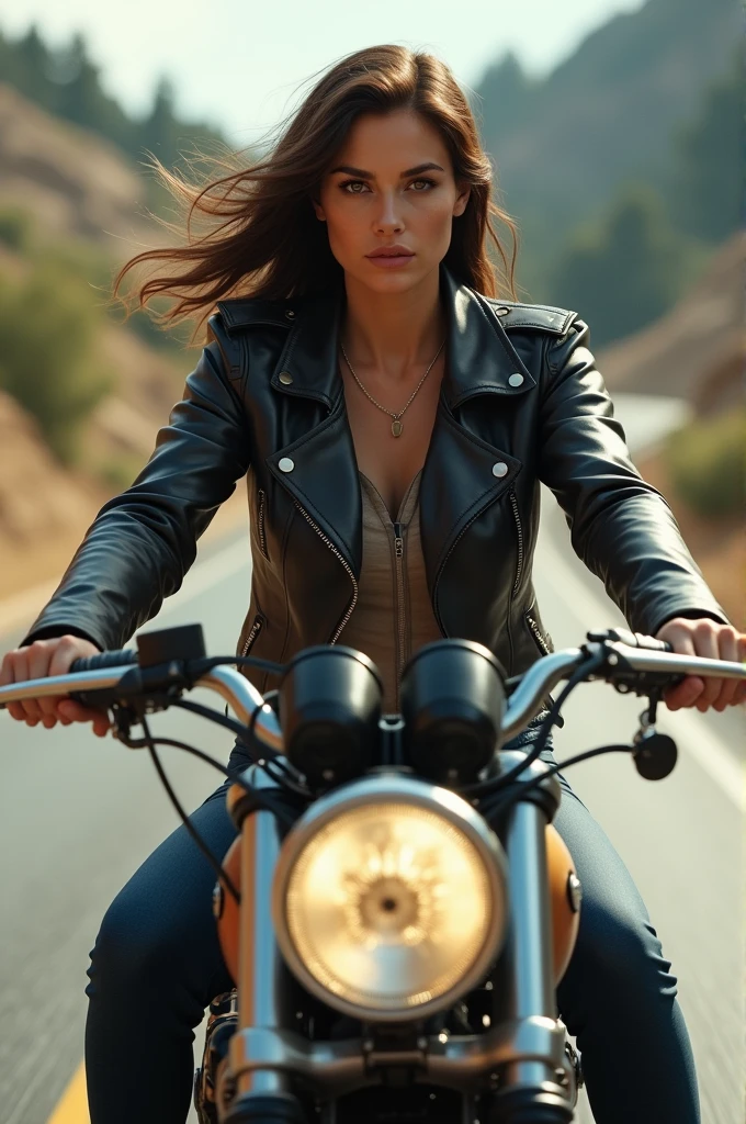 middle aged woman , thin brunette with a big nose on a motorcycle