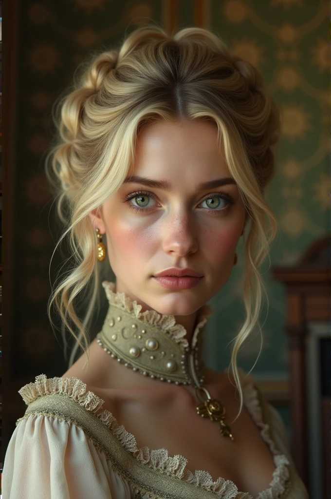 Create an image of a woman in the 19th century, 1885, com 30 anos. She has blonde hair and green eyes