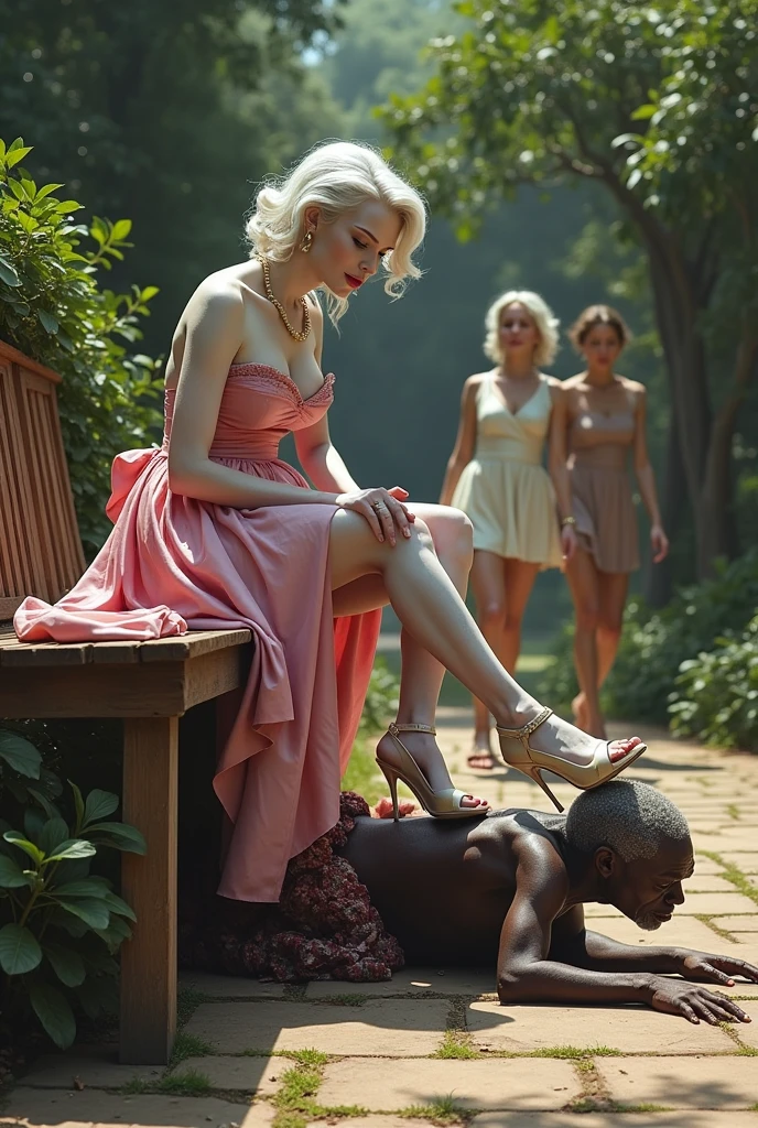 An English woman, millionaire, evil and arrogant, with white skin, silver hair, luxurious pink miniskirt, low-cut blouse, fishnet stockings, and white high-heeled sandals, sitting on a bench, resting her feet on the head of an elderly slave black while she eats an apple. The malnourished, sick and thin old black slave opens his mouth and licks the garbage from the floor while crying in pain under the English woman's feet. In the background a luxurious garden and white English women walk and mock the old slave.