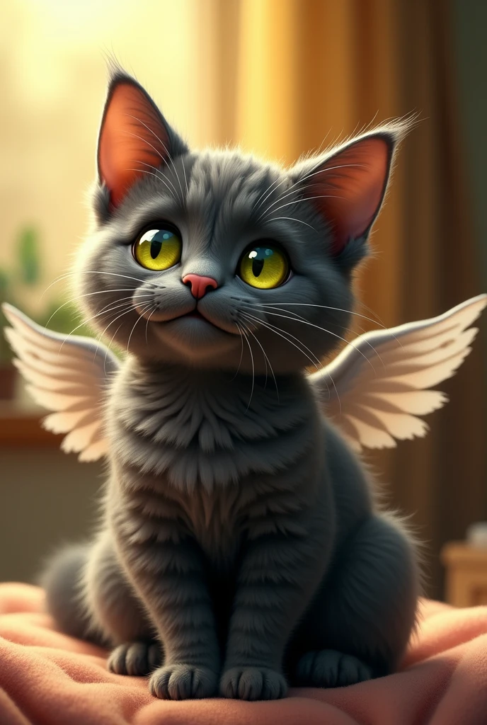Furry dark gray cat animal with lemon green eyes and wings happy