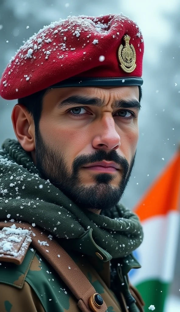 (Masterpiece) (highly detailed) Realistic1.6 portrait of indian army in snowfall red chick and faces cap name indian army with indian flag real photography 8k uhd