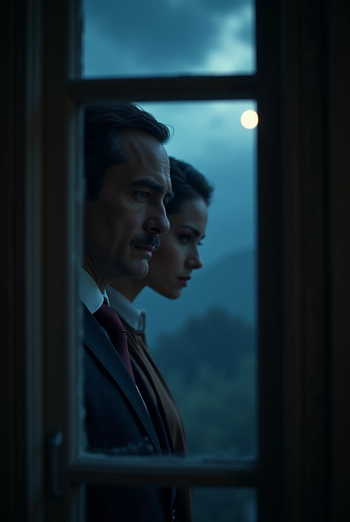 create cinematic, photo realistic film poster of a man and his wife secretly peeping through window of a first floor posh bungalow at someone down below, suspiciously, side face profile, Darjeeling at late night, no other houses in the vicinity,