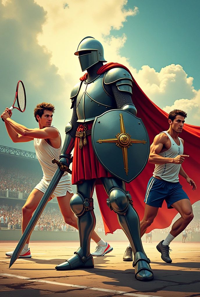 Create a comic-shaped image with the characters of a medieval knight,a male tennis player and a male javelin player