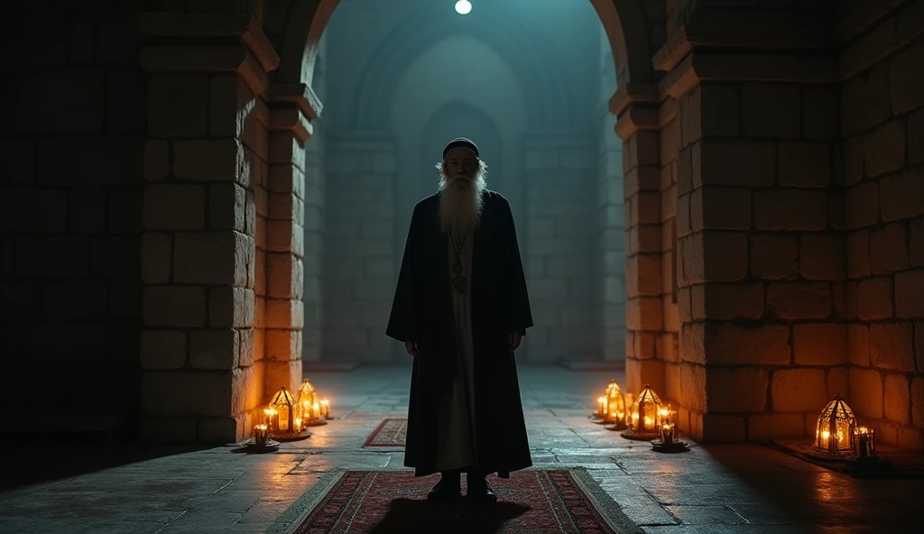 "An elderly religious man from ancient times, wearing a traditional turban, has been pushed inside a dimly lit mosque at night. The soft glow of lanterns casts shadows across the stone walls and prayer mats. The man, though startled, remains composed as he stands near the entrance, surrounded by the quiet and sacred ambiance of the mosque, with the stillness of the night amplifying the tension." The scenes captured it from back side mosque and praying 