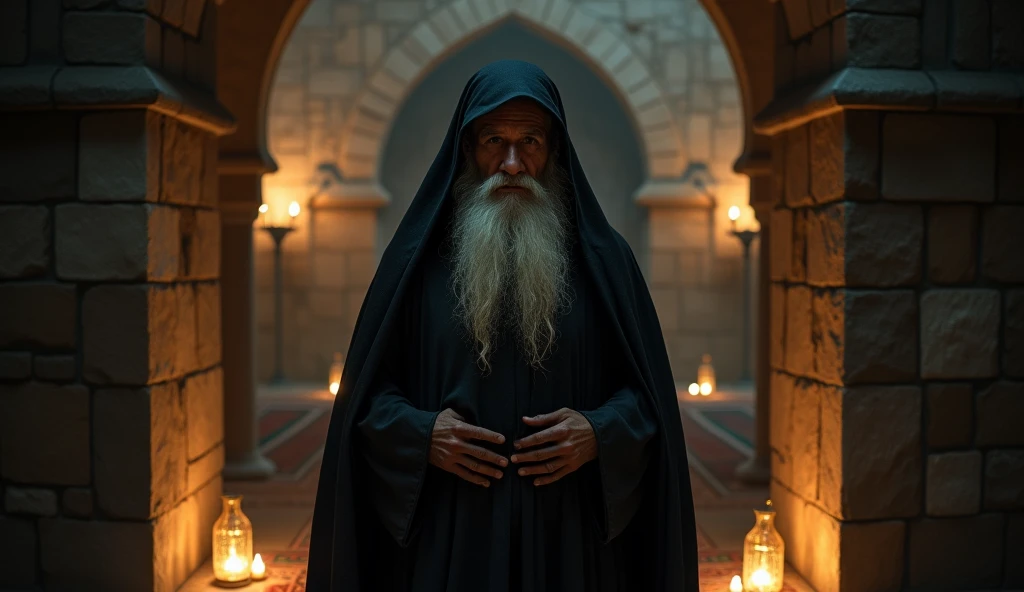 "An elderly religious man from ancient times, wearing a traditional turban, has been pushed inside a dimly lit mosque at night. The soft glow of lanterns casts shadows across the stone walls and prayer mats. The man, though startled, remains composed as he stands near the entrance, surrounded by the quiet and sacred ambiance of the mosque, with the stillness of the night amplifying the tension." The scenes captured it from back side mosque and praying