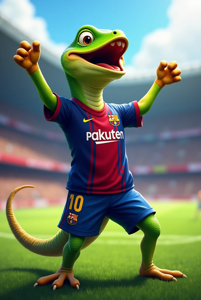 lizard celebrating a goal in the last minutes with the Barcelona shirt and shorts