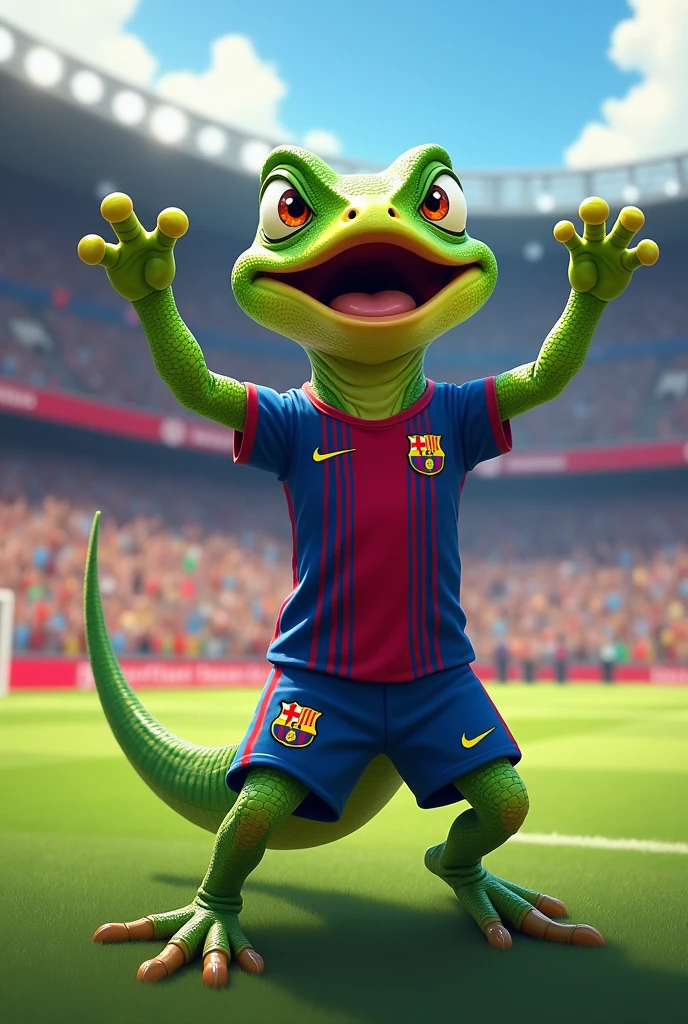 lizard celebrating a goal in the last minutes with the Barcelona shirt and shorts