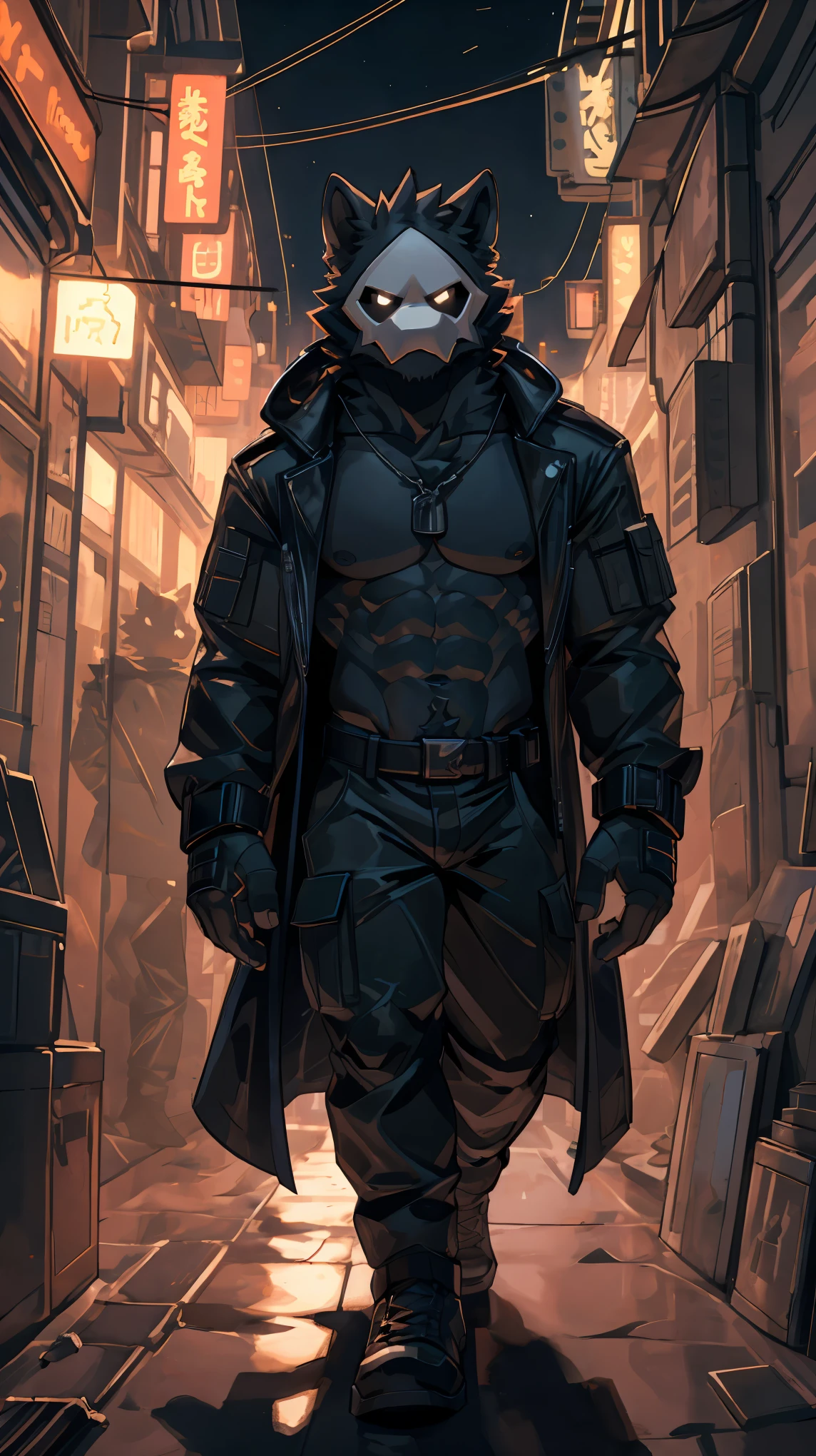 adult content, low-key light, cyberpunk, extremely_detailed, drawing of a puro (changed), (extremely detailed:1.uro, mask, puro_(changed)), black_cargo pants, bara, black_body, very long legs, long arms, very tall, muscular_body, 6 pack abs, male nipples, exposed_chest, tactical_gloves, black_cloak, black_fedora, large chest, exposed upper body, shirtless, dogtags, bandages, seductive_pose, hands_inside_pocket, serious_face, wide_open_legs, dark and gloomy atmosphere, dramatic light, camera angled lower, time, neon lights, alleyway, neon lights, midjourney, C7b3rp0nkStyle, VPL, Male focus, yofukashi background., Best quality, masterpiece