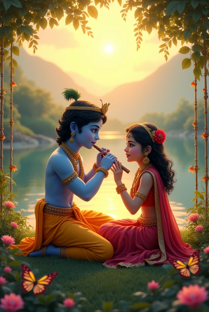 Little krishna with radha sitting on beautiful nature in evening , krishna playing flute, butterfly, jhoola