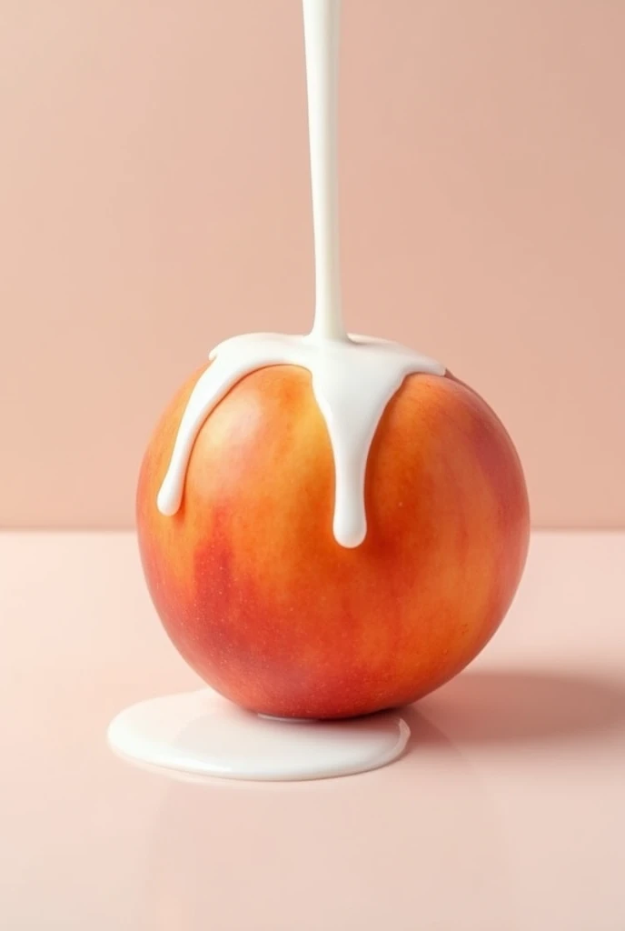 A beautiful large juicy whole peach without cuts with a single line, splashed with drops of dripping white milk, Seen with his front line.