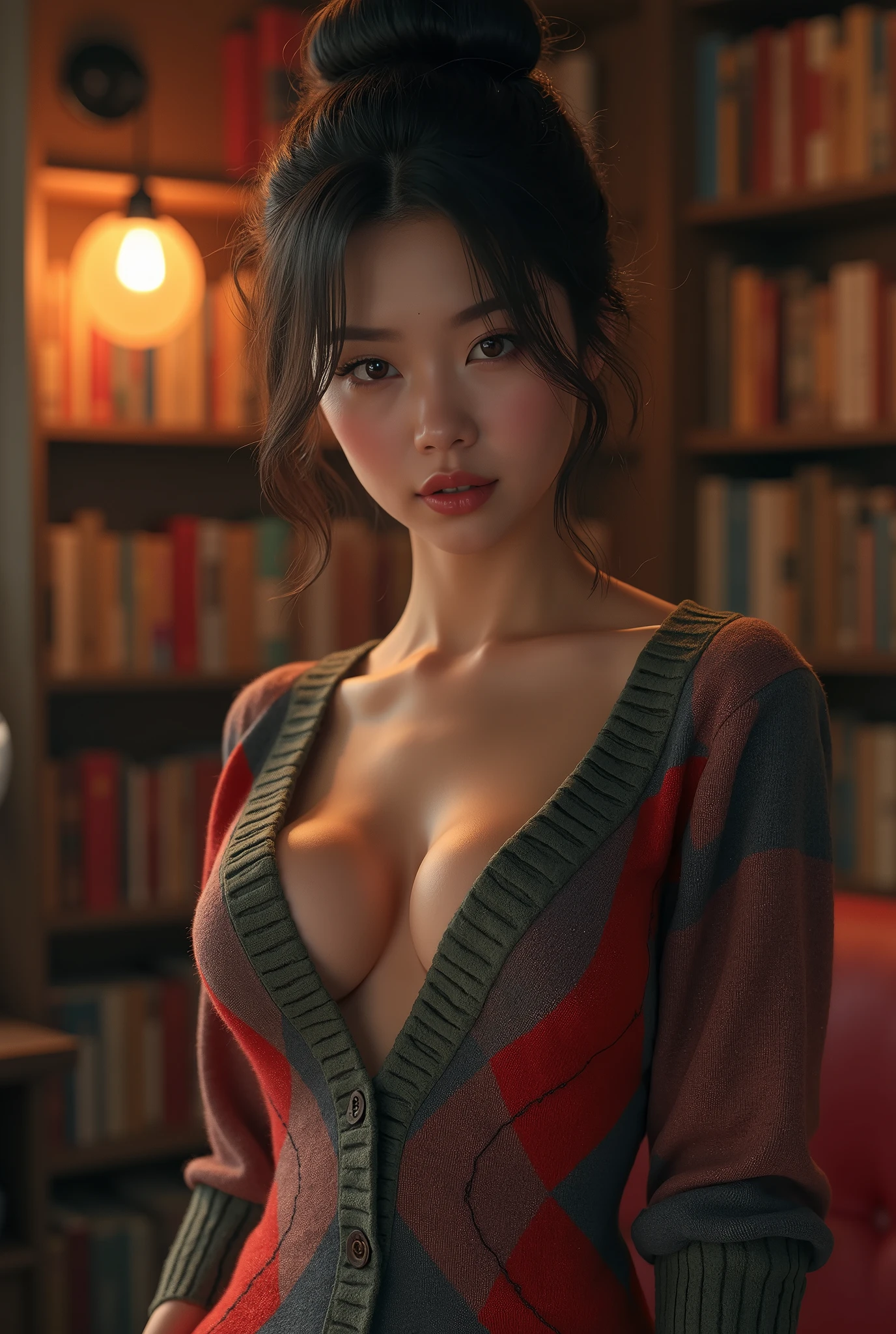 Masterpiece, high quality, high detail, 8k, high resolution, HDR, volumetric lighting, subsurface scattering, beautiful asian woman, dark skin, pacific islander, tight argyle sweater dress, (unbuttoned:1.2), messy bun, library, sexy pose, seductive pose, erotic pose