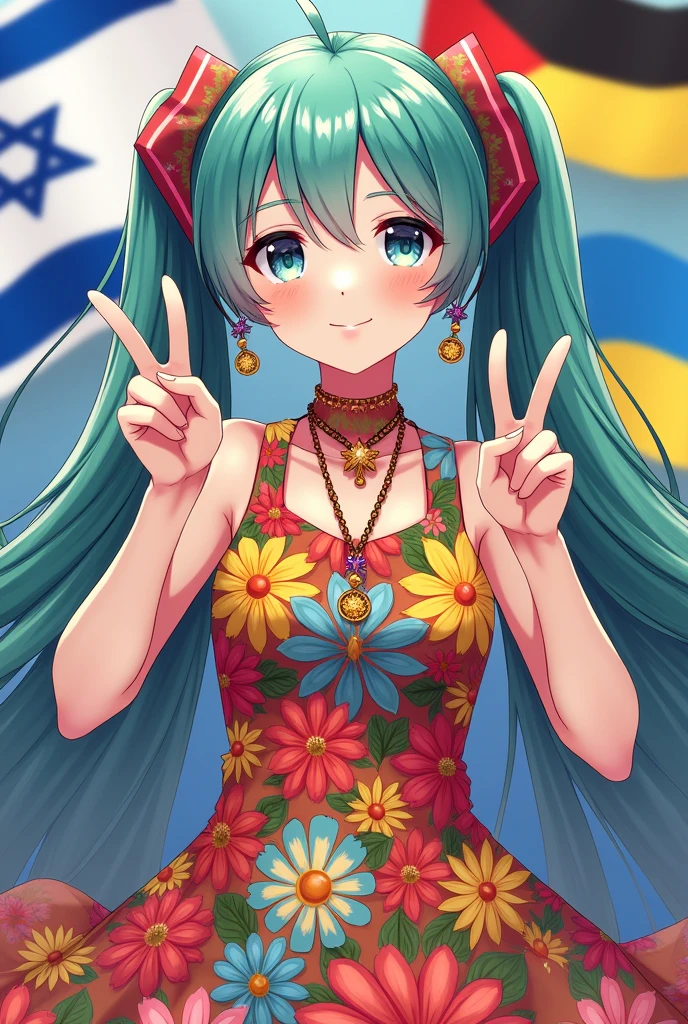 Hatsune Miku with a 60s flowerpower dress, hippie cord, making the peace and love symbol with a hand, perfect and balanced draw hands, at the background the flags of israel, Palestine, Russia and Ukraine flags