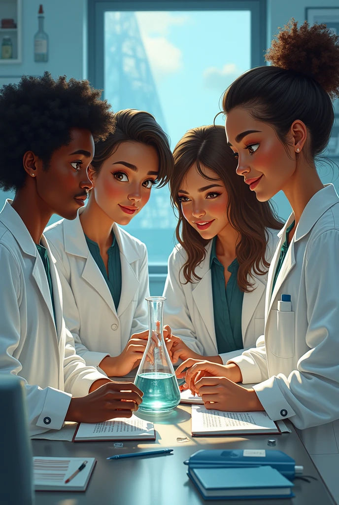 4 young students form the chemical quartet. 
1 dark-skinned man with short curly hair, the other man has brown skin and wavy hair, both thin, and two women, both with light skin., one with long curly hair and the other with straight hair/short curly tied and combed. 