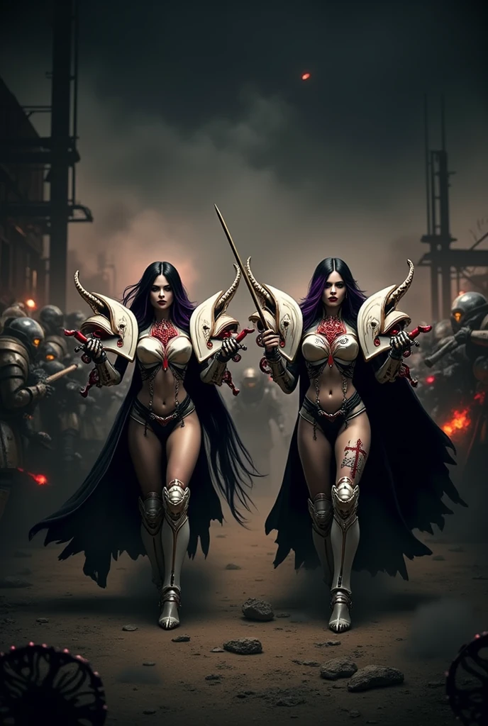 Masterpiece, Best Quality, Official Art, (Highly Detailed CG Unity 8k wallpaper), Detailed background, (Hands by Guido Daniele: 1.1). Full body pose sexy sisters of battle from the warhammer 40k, shooting at the enemy, white armor with intricate details, red armor with intricate details, religous symbols on the armor, sisters of battle, warhammer 40k, Massive silicone breast, pale skin, seductive, temptation, eat your soul, clevage, long flowing black hair with purple highlights, heavy gothic makeup, at night, neon, beautiful detailed eyes, beautiful detailed lips, extremely detailed eyes and face, long eyelashes, highly detailed armor, intricate futuristic weaponry, dramatic lighting, cinematic composition, muted color palette, gritty and realistic, mecha, science fiction, hyper-detailed, photorealistic, award winning digital art, 8k, HDR, masters work, in the middle of a battle field, full body combat action pose, explosions and fire around, full war, stunning, Stilleto heels, high heels, full body pose, cinematic, movie trailer, final stand!, nemesis, ready to strike, dust and debree, combat screams, attacking, shooting at the enemy, running forward, last line of defense, charging, fanatic, religious, templar knights, sisters of battle, warhammer 40k