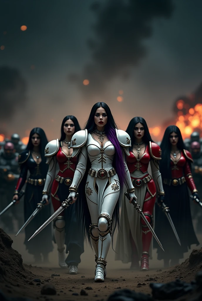 Masterpiece, Best Quality, Official Art, (Highly Detailed CG Unity 8k wallpaper), Detailed background, (Hands by Guido Daniele: 1.1). Full body pose sexy sisters of battle from the warhammer 40k, shooting at the enemy, white armor with intricate details, red armor with intricate details, religous symbols on the armor, sisters of battle, warhammer 40k, Massive silicone breast, pale skin, seductive, temptation, eat your soul, clevage, long flowing black hair with purple highlights, heavy gothic makeup, at night, neon, beautiful detailed eyes, beautiful detailed lips, extremely detailed eyes and face, long eyelashes, highly detailed armor, intricate futuristic weaponry, dramatic lighting, cinematic composition, muted color palette, gritty and realistic, mecha, science fiction, hyper-detailed, photorealistic, award winning digital art, 8k, HDR, masters work, in the middle of a battle field, full body combat action pose, explosions and fire around, full war, stunning, Stilleto heels, high heels, full body pose, cinematic, movie trailer, final stand!, nemesis, ready to strike, dust and debree, combat screams, attacking, shooting at the enemy, running forward, last line of defense, charging, fanatic, religious, templar knights, sisters of battle, warhammer 40k