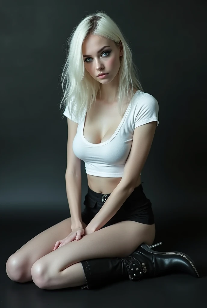 A (((full-body))) picture of an ethereally beautiful 1 girl. She has youthful caucasian features and ((very pale white skin)). Her eyes are a striking blue, and she is wearing ((heavy black eye makeup)). She has a very slim body with long thin legs and large round breasts. She is wearing (revealing dress:0.1). She is sitting in a provocative pose that shows off her legs, and her (((whole body from head to toe))) is shown in the photo. sensual, open natural breasts, sexy, erotic