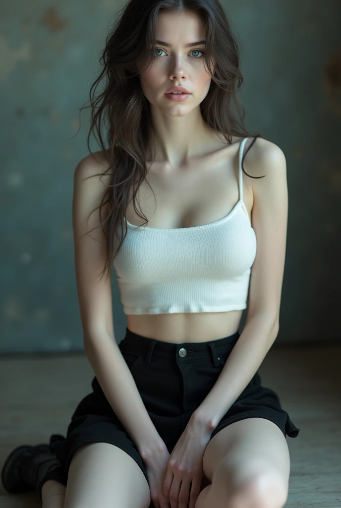 A (((full-body))) picture of an ethereally beautiful 1 girl. She has youthful caucasian features and ((very pale white skin)). Her eyes are a striking blue, and she is wearing ((heavy black eye makeup)). She has a very slim body with long thin legs and large round breasts. She is wearing a tight white crop top, a very short black miniskirt, and black boots. She is sitting in a provocative pose that shows off her legs, and her (((whole body from head to toe))) is shown in the photo.