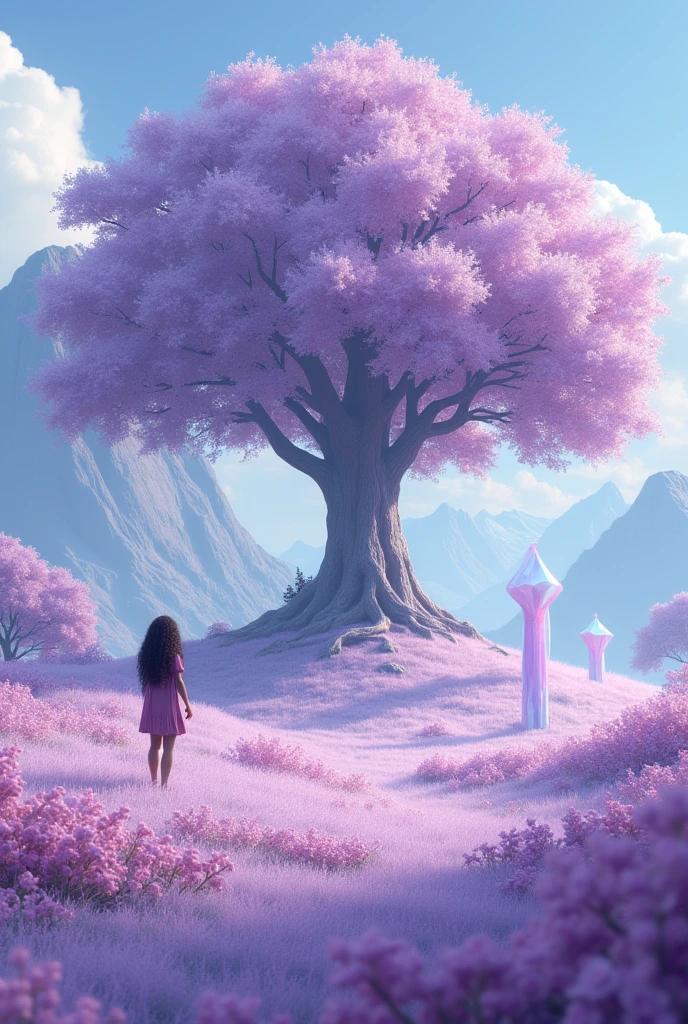 The surrounding scenery is large mountains far away from the large central tree with leaves and flowers in shades of lilac and white., the lilac colored grass along with the flowers on it, around the leaves of the big tree there are small white and delicate crystals floating, the creator, medium and curly hair, a brown skinned and black eyed person is interacting with one of the small delicate crystal banks. being seen from afar