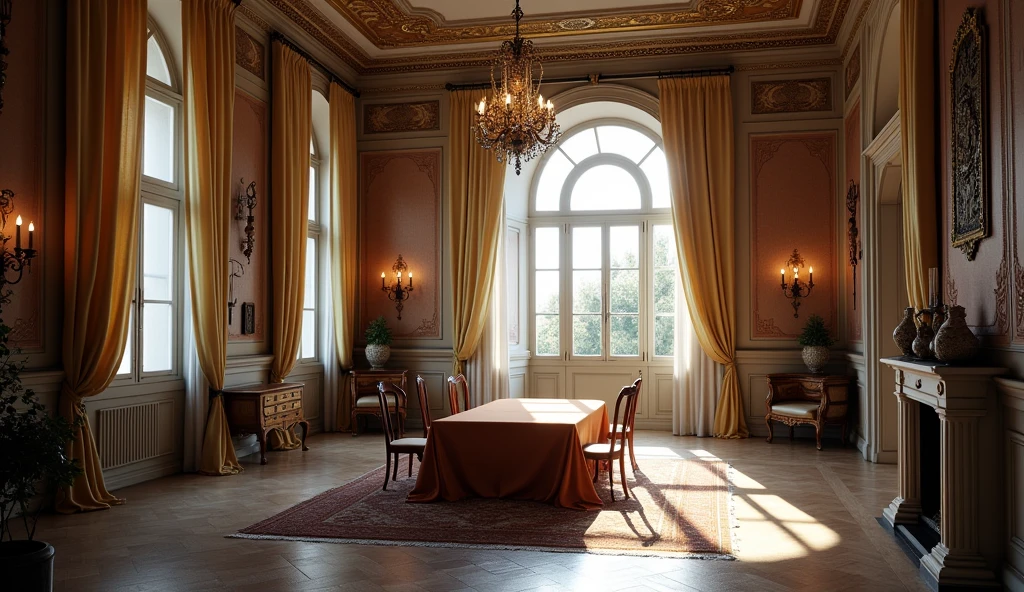 Room with a large, luxurious table and another smaller, more distant table