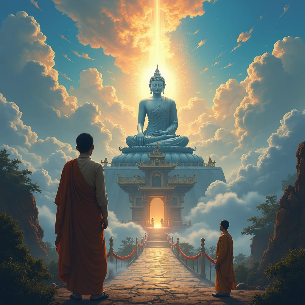 The Majestic Silhouette of Buddha in the Sky Looks Intently at His Temple and People from Heaven, very bright colors and clear details, Beads on Hands, Buddha Temple, Many people go and bring offerings to the Temple,there stands a monk at the passage at the door polite in a uniform traditional polite, Wide Format Image, masterpiece, Divine Image, Conveyed Feelings, Shine of Heaven, Shine of Clouds, shine, majestic painting,