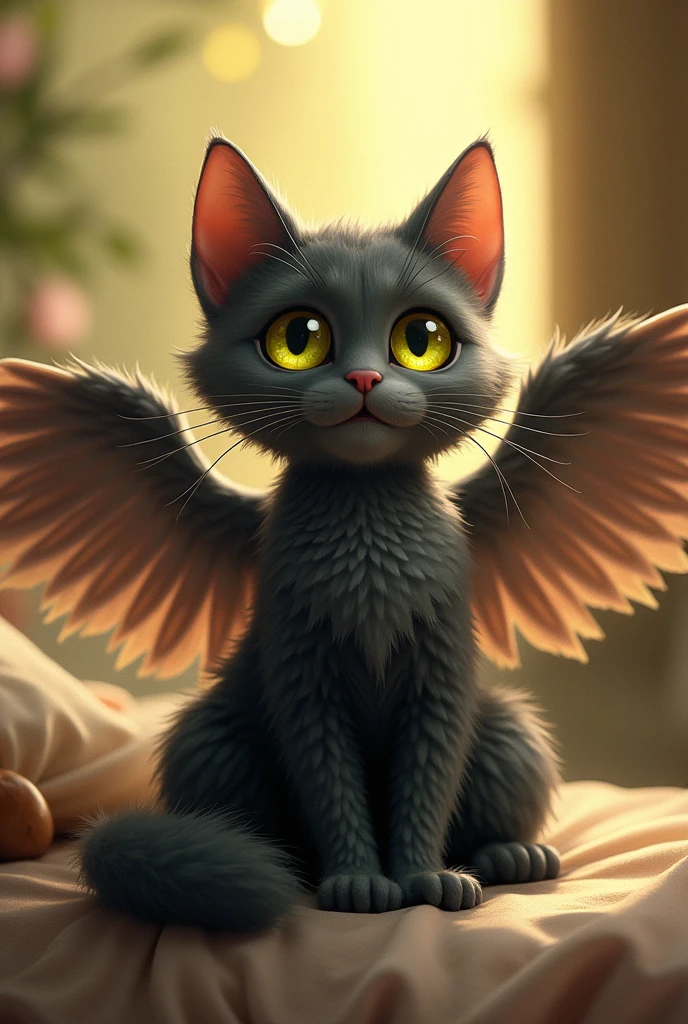 Furry dark gray cat animal with lemon green eyes and wings happy