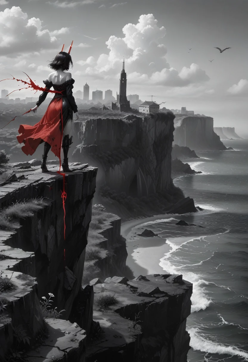 black and white and blue and red,(best quality, ultra-detailed, high resolution, extremely detailed cg),wide shot,dead angels stand on cliff edge,she is very beautiful,she like blood and sea,bloody rain, mystical,fanatic, intricate, surreal,delicate