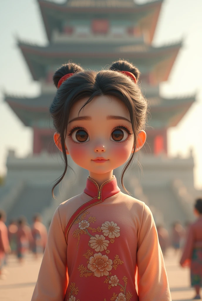 "Create an image of a teenage girl with a small, delicate face and a mix of childish innocence and pride. She is wearing a traditional Chinese dress and stands confidently in front of a testing monument, with a proud smile."