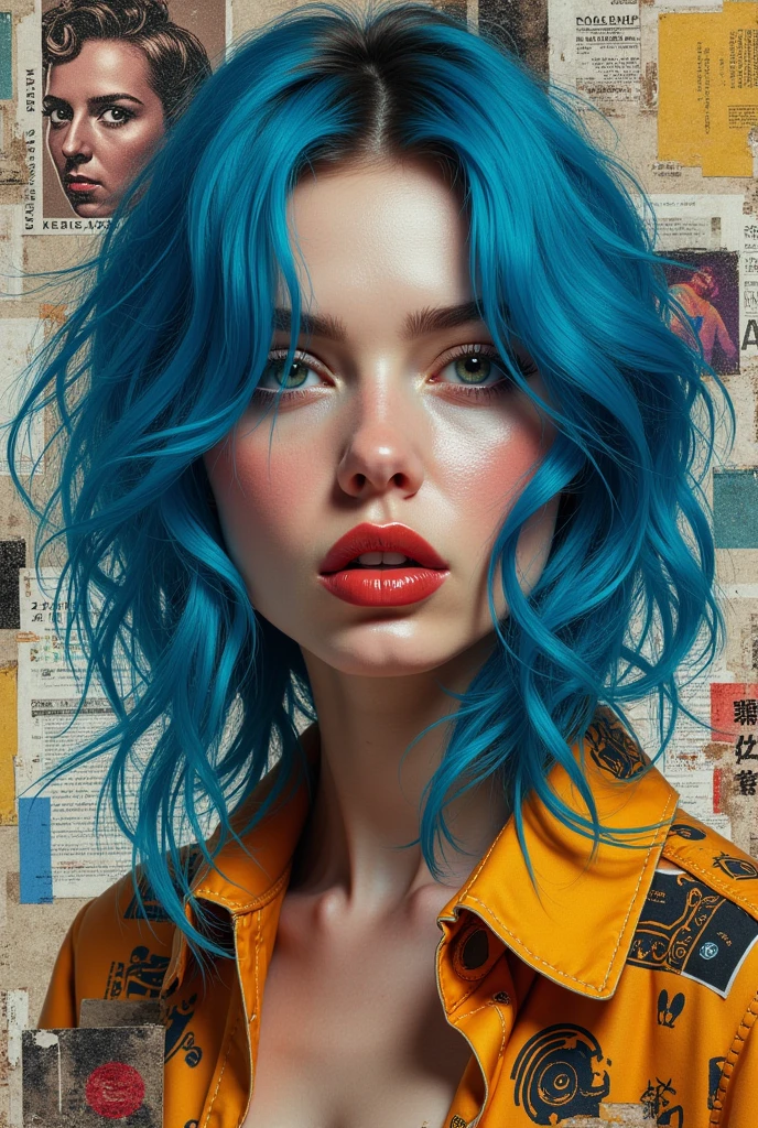 woman with blue hair, in the style of multi-layered collages, edgy street art, celebrity-portraits, cardboard, fragmented icons, realistic hyper-detail, crossed colors --ar 73:111 --stylize 750 --v 6