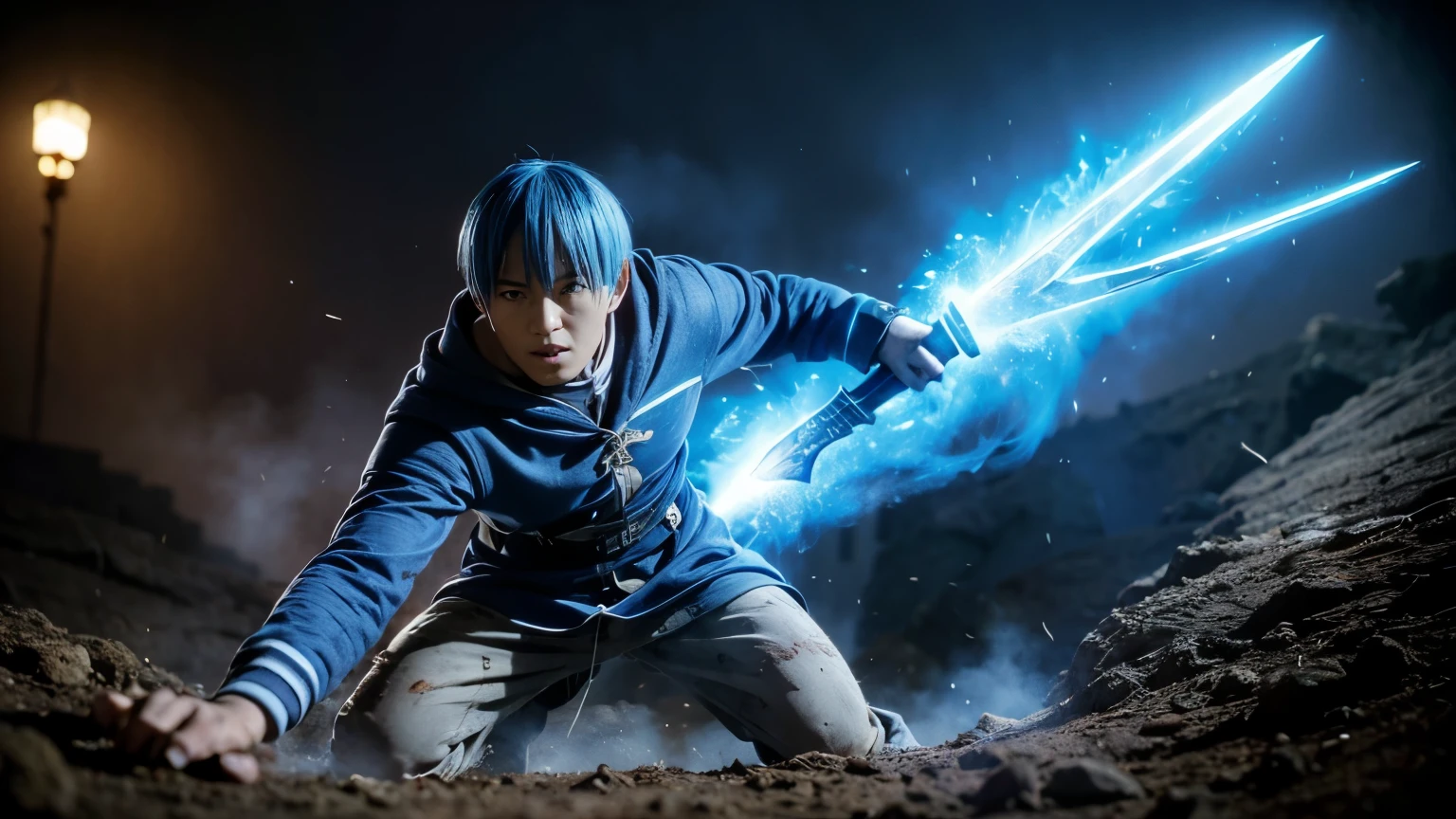  A young Japanese man, around 20 years old, with vibrant blue hair, engaged in a fierce battle against a grotesque goblin, resembling the twisted monsters from "The Lord of the Rings" films. The man, wearing a detailed cape and jacket, is covered in dirt, grime, and battle scars. His skin is hyper-detailed, showing realistic textures, pores, and traces of sweat, dirt, and blood. He grips a sharp sword, his face focused and intense, with eyes that convey determination. The goblin's deformed, menacing features, with skin textures, scars, and earth-stained appearance, are similarly hyper-detailed. The environment around them feels gritty and war-torn, with debris, dirt, and smoke swirling in the air. The image is captured in ultra-realistic 4K and 8K quality, ensuring every detail, from skin pores to fabric texture, is rendered with stunning clarity.