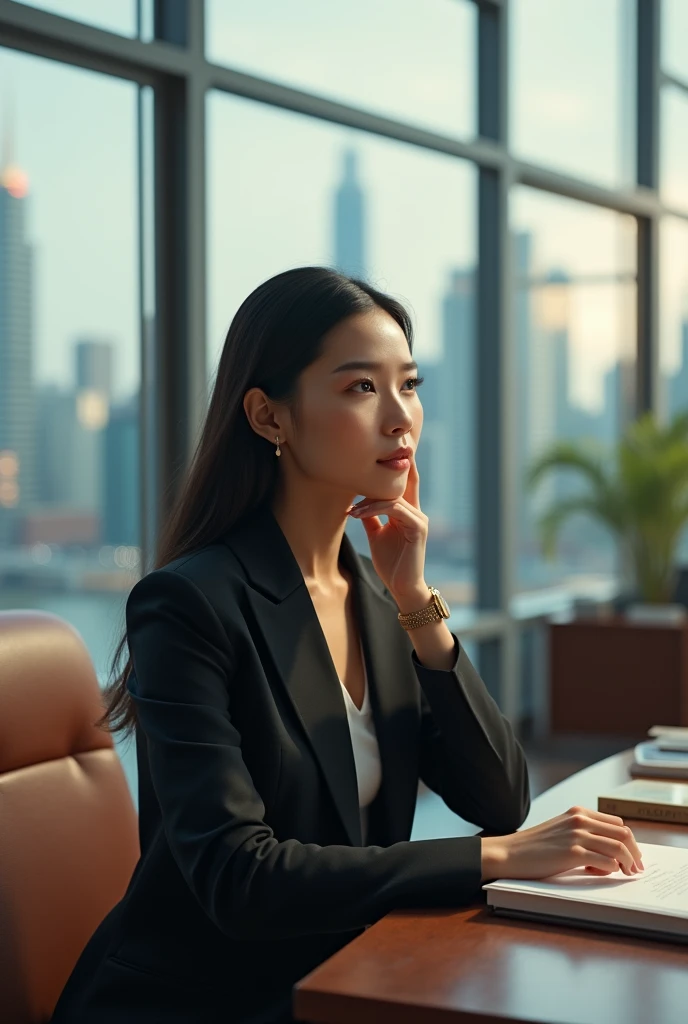 A millionaire Asian businesswoman in a thinking position 