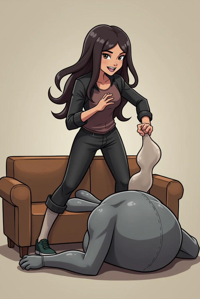 SCP-1471, MalO, (solo:1.5), Female, black fur, long black hair, white tank top, orange prison jumpsuit with TEXT "SCP-1471", eat food in a prison cell, dialog text, text bubbles