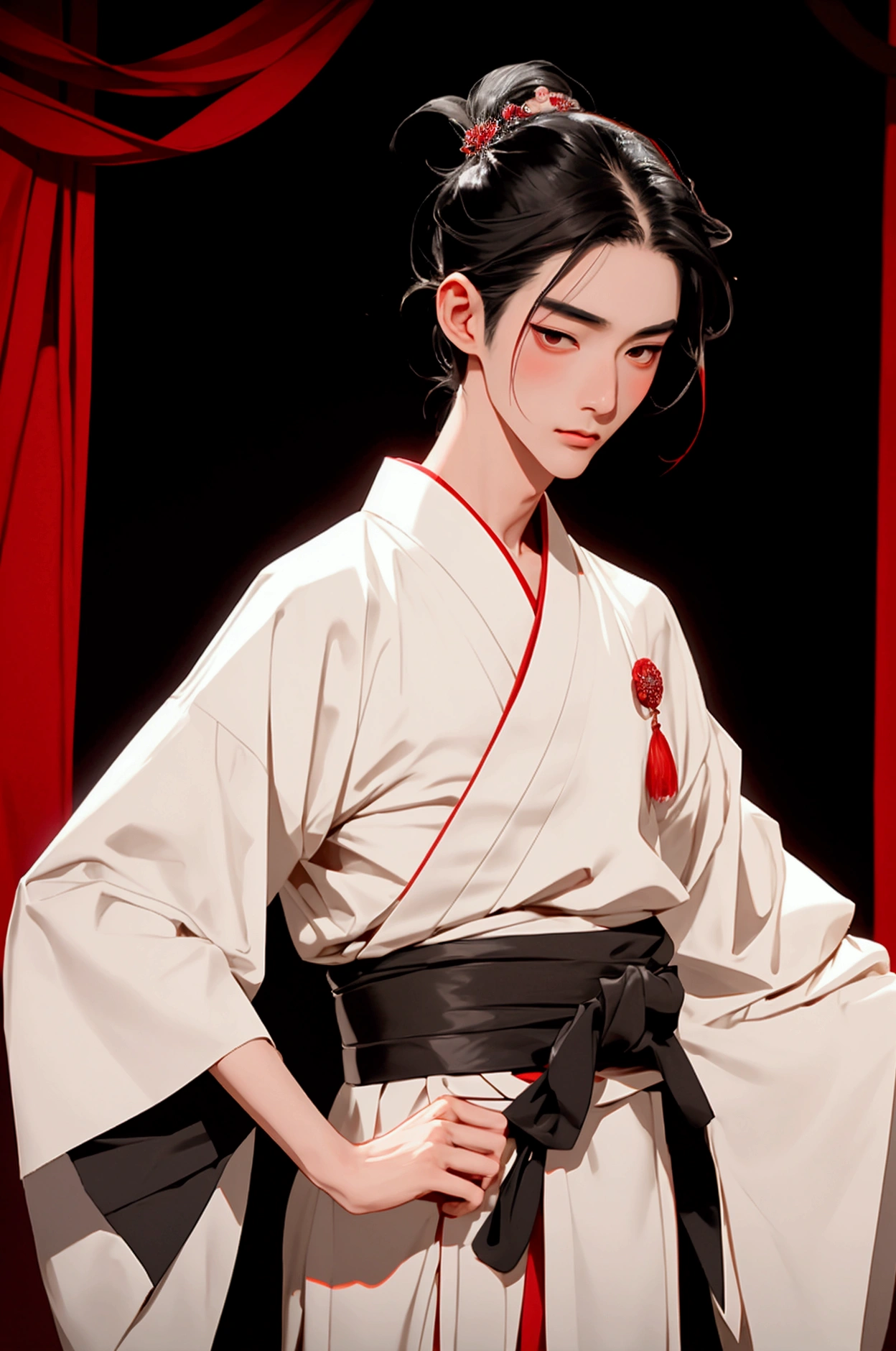 In a traditional Japanese theater, a slender young man, dressed in kabuki attire, with waist-length raven hair, pale-rosy skin, and striking brown eyes, embodies elegance and grace as he moves gracefully under the dimly lit stage.