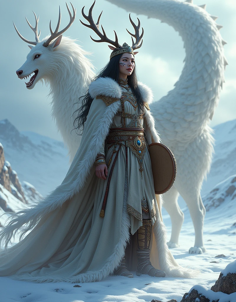 Mongolian Queen shaman deer antler winter clothing . shaman triangular shape drum. white dragon.