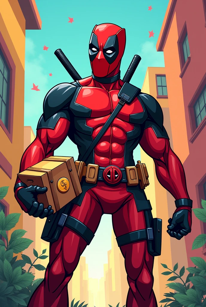 Deadpool holding a box in a cartoon style full body drawing