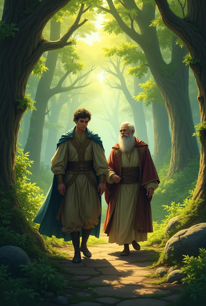 The prince and the old man are walking in the forest.