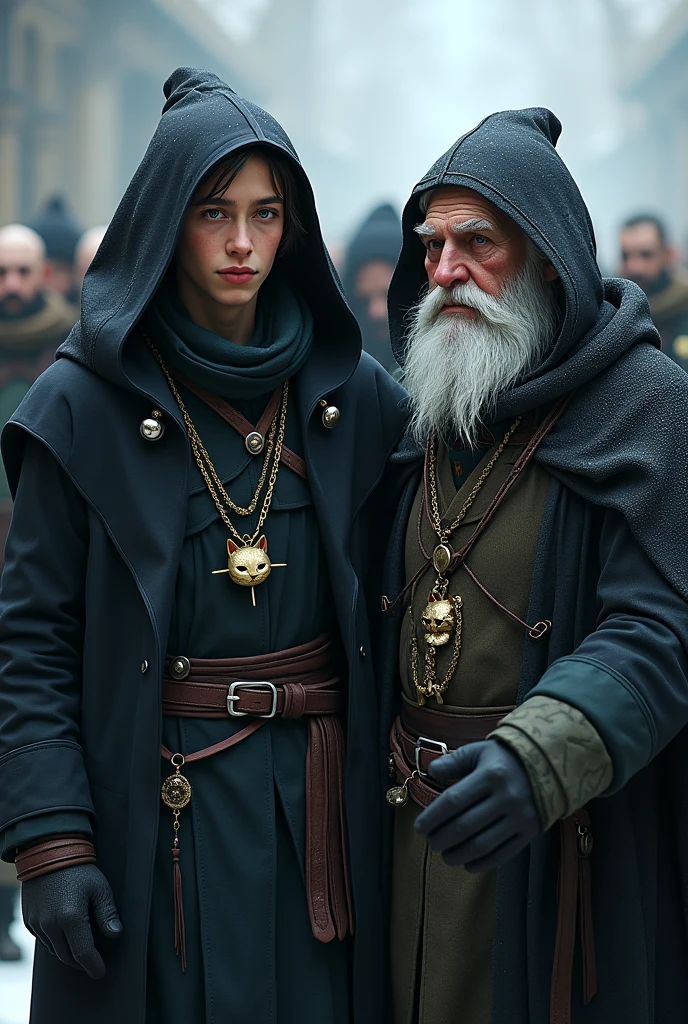 make a young man in 4K quality with a little fat mystic with a fat face and short white hair on top on the side a gradient until he is bald, wearing a black winter jacket with oedra jewelry wearing a hood over his head,wearing a gold necklace with a cat on the pendant. as if parading