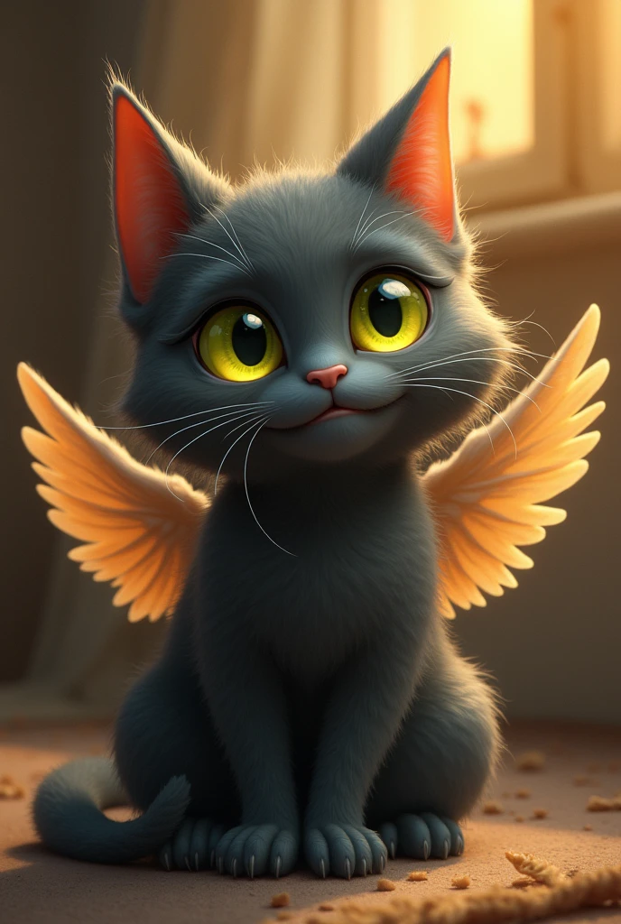 Furry dark gray cat animal with lemon green eyes and wings happy