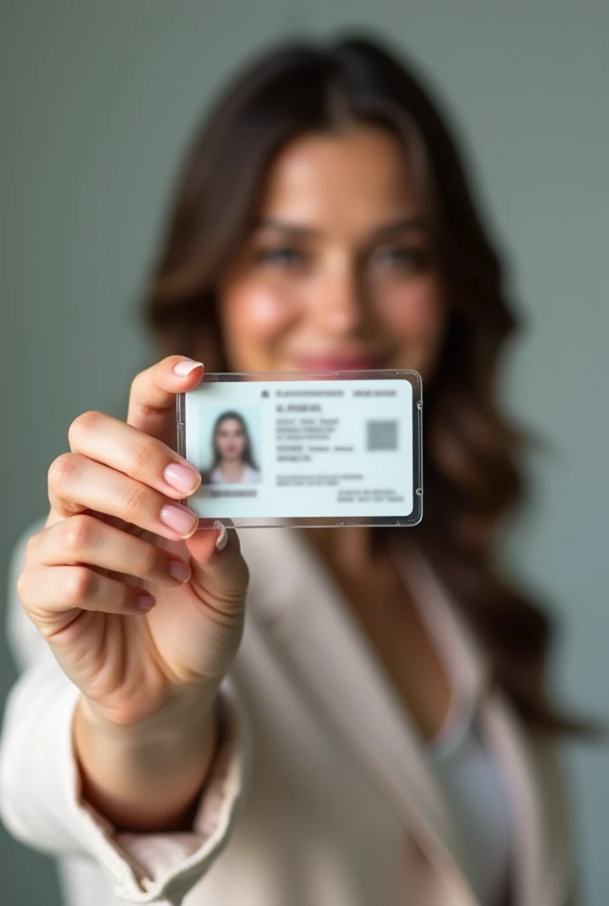 Take a selfie with  a woman's the left hand holding an ID card. Where There will be no blur in the image the woman's face is clearly understood. There will be no blur on the ID card Clear image will have no blur. Totally blur except