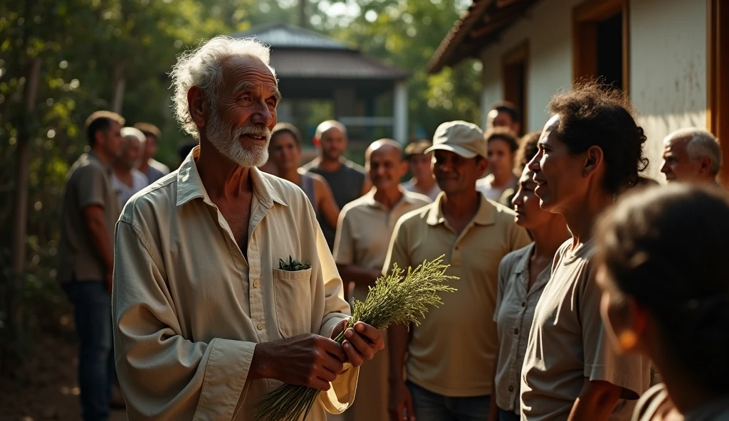 Create an ultra-realistic image of an elderly male healer in Brazil, around 70 years old, dressed in simple yet dignified clothing, embodying humility and spirituality. He stands at the entrance of his home in a small town, welcoming people who have come seeking healing. His expression is kind and calm, exuding a sense of deep faith. In his hands, he holds a small bundle of herbs, symbolizing his role as a healer. In the background, show people of various ages, some looking hopeful, others in need of help, with the modest surroundings of a rural Brazilian home. The atmosphere should convey a sense of peace, hope, and the transformative power of faith.