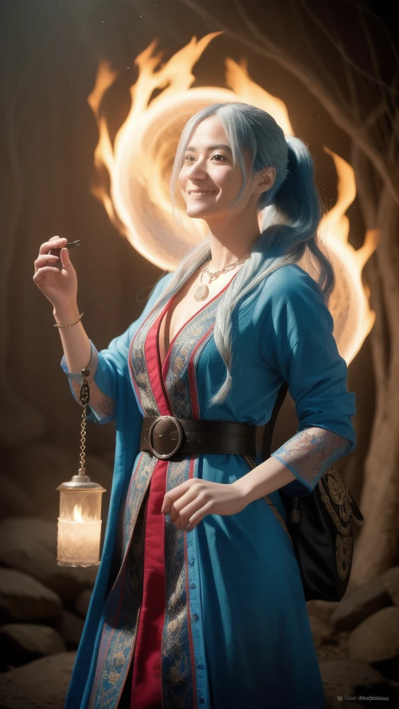 a beautiful and detailed portrait of an attractive female magical assistant, with long flowing blue hair styled in a ponytail, wearing an intricately embroidered robe, necklace, bag, and belt, with a warm smile and highly detailed facial features, set in an underground dungeon with a large glowing circular portal, with magic effects of fire and ice, chanting spells, masterpiece, ultra-detailed, 8k, photorealistic, by Alexandre Calame, Alyssa Monks, and Shigeru Ban