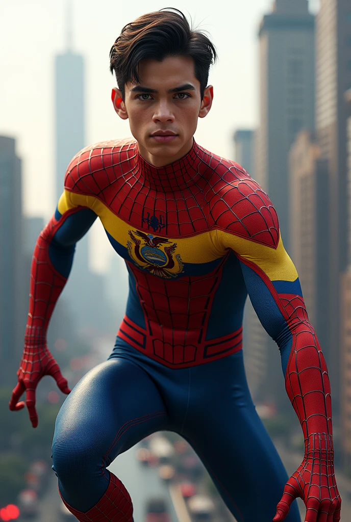 Michael Morales in a Spiderman suit and the colors of the Ecuadorian flag